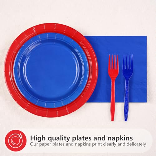 96 Pcs Red and Blue Party Plates and Napkins - Grencian