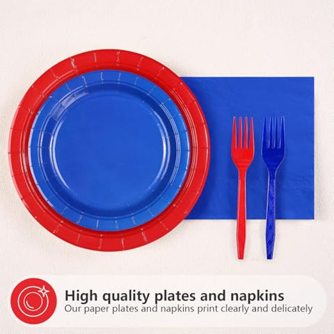 96 Pcs Red and Blue Party Plates and Napkins - Grencian