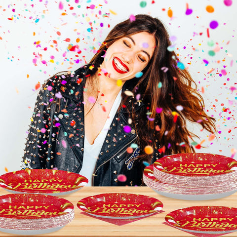 96 Pcs Red and Gold Birthday Party Plates and Napkins - Grencian