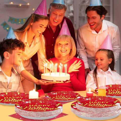 96 Pcs Red and Gold Birthday Party Plates and Napkins - Grencian
