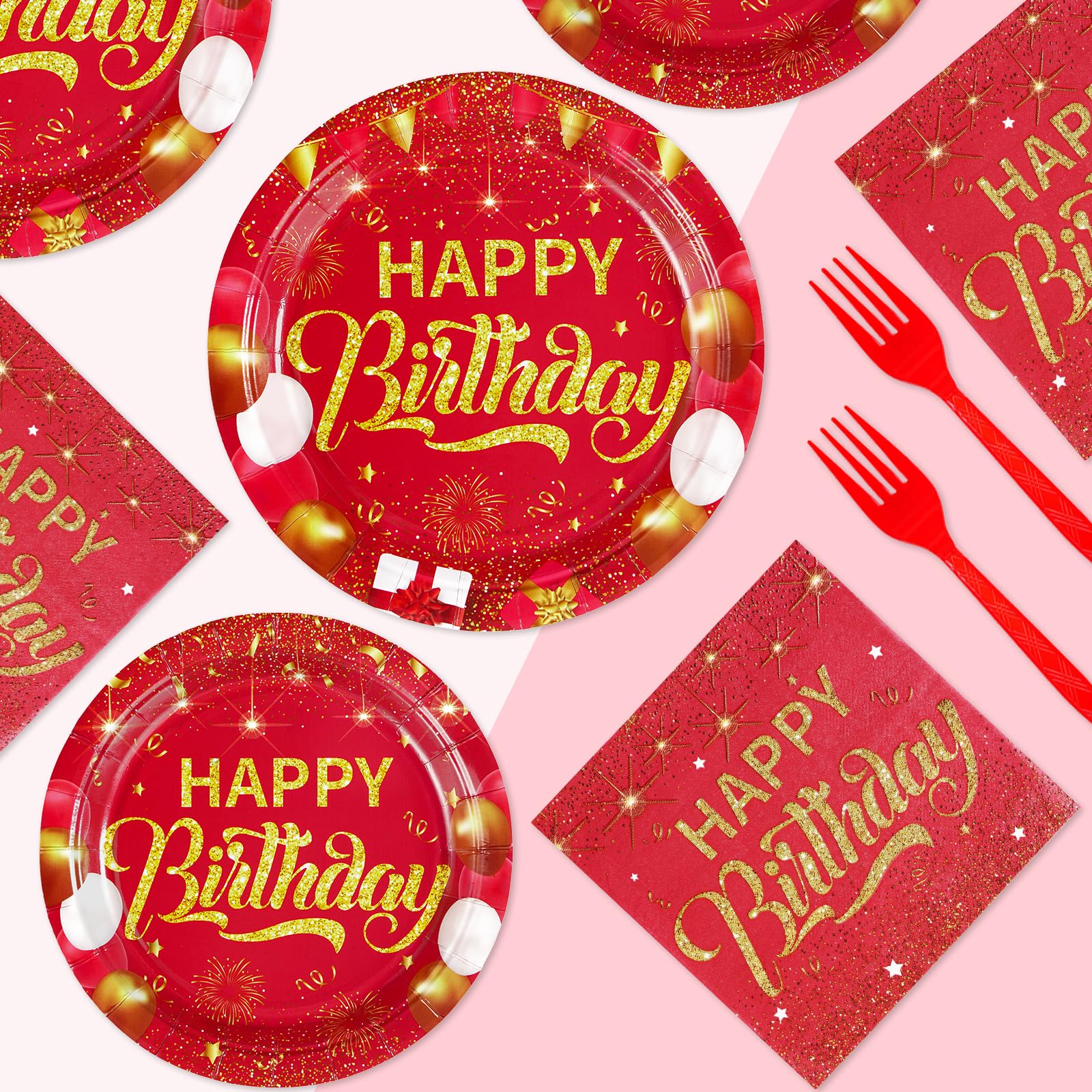 96 Pcs Red and Gold Birthday Party Plates and Napkins - Grencian
