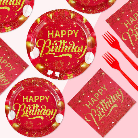 96 Pcs Red and Gold Birthday Party Plates and Napkins - Grencian
