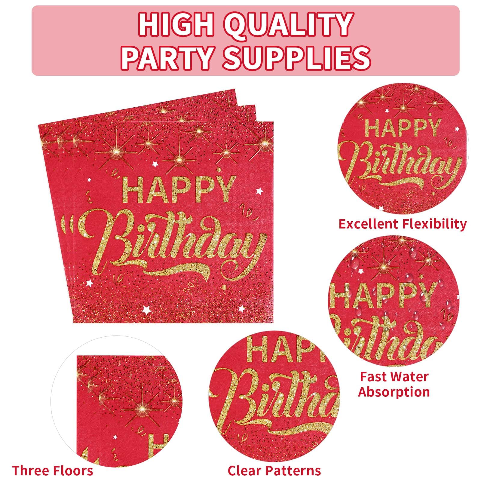 96 Pcs Red and Gold Birthday Party Plates and Napkins - Grencian