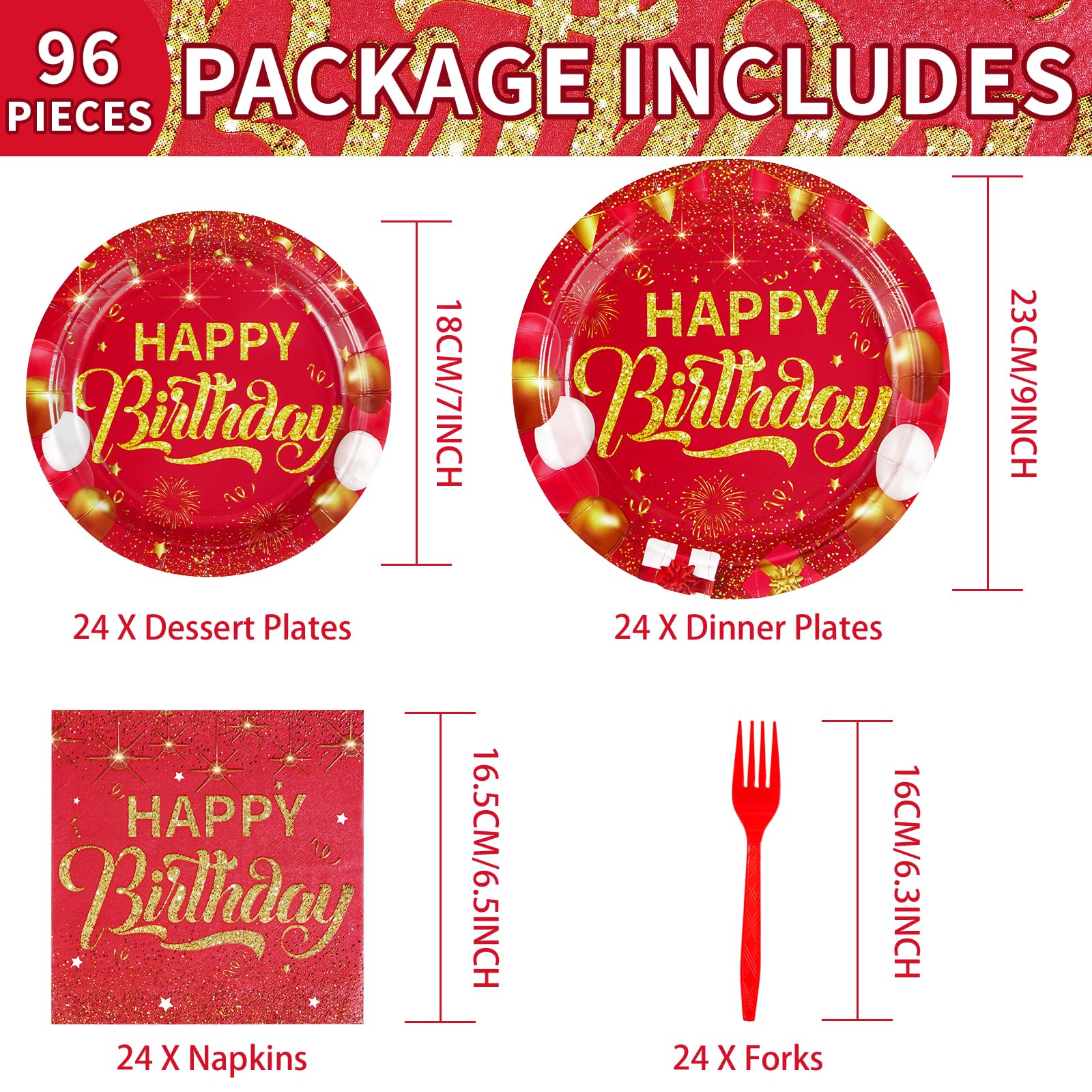 96 Pcs Red and Gold Birthday Party Plates and Napkins - Grencian