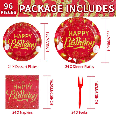 96 Pcs Red and Gold Birthday Party Plates and Napkins - Grencian