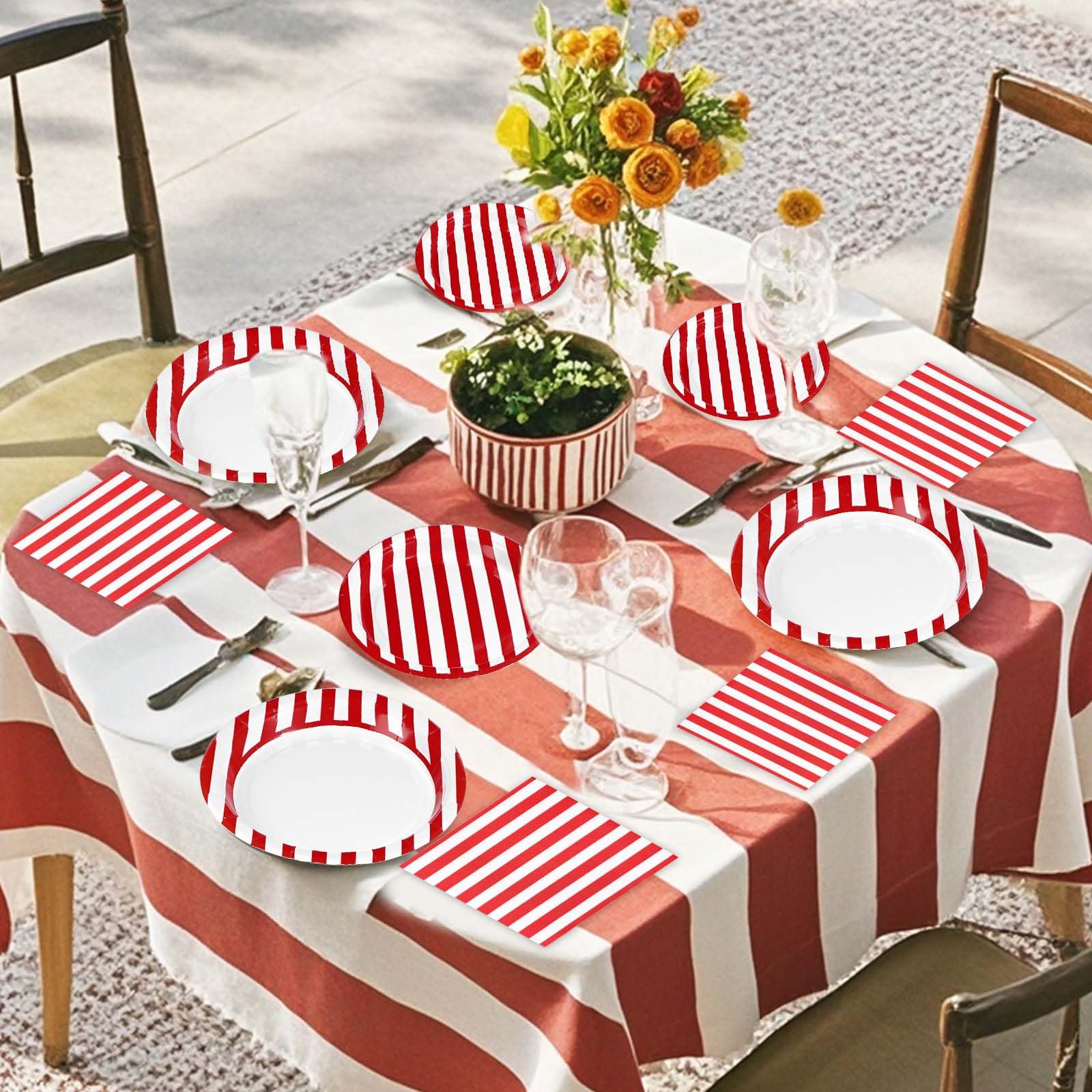 96 Pcs Red and White Striped Party Plates and Napkins - Grencian