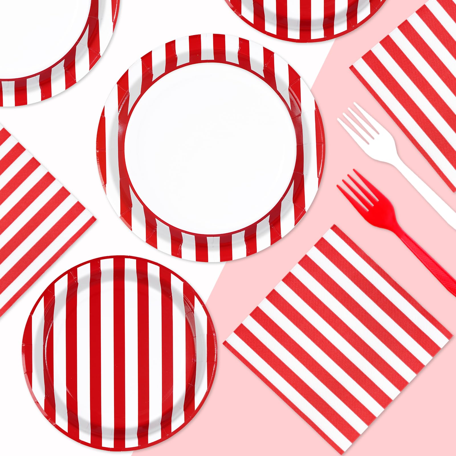 96 Pcs Red and White Striped Party Plates and Napkins - Grencian