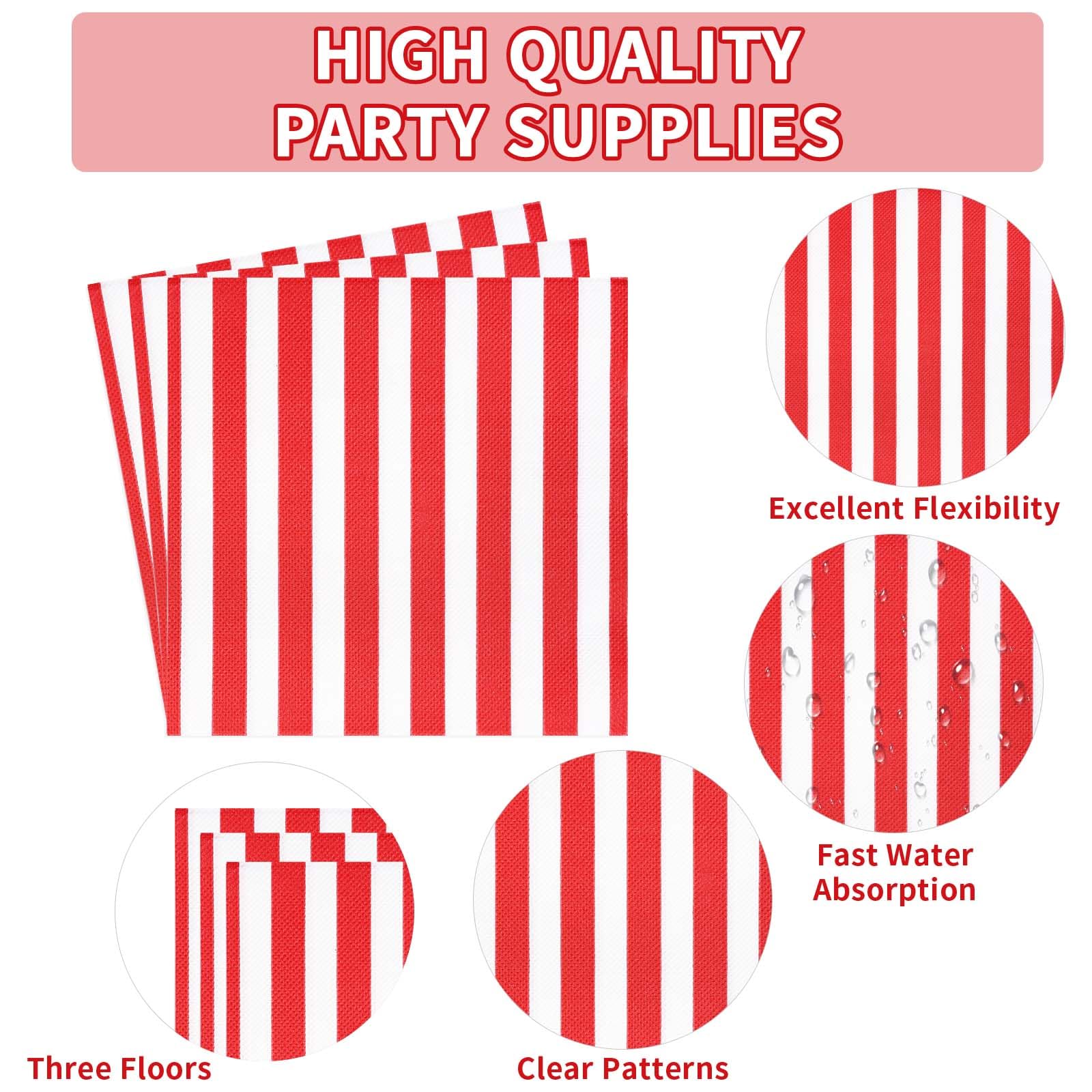96 Pcs Red and White Striped Party Plates and Napkins - Grencian