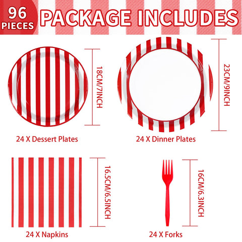 96 Pcs Red and White Striped Party Plates and Napkins - Grencian