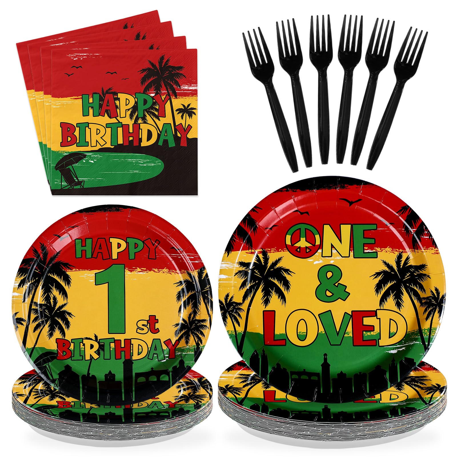 96 Pcs Reggae 1st Birthday Party Plates and Napkins - Grencian