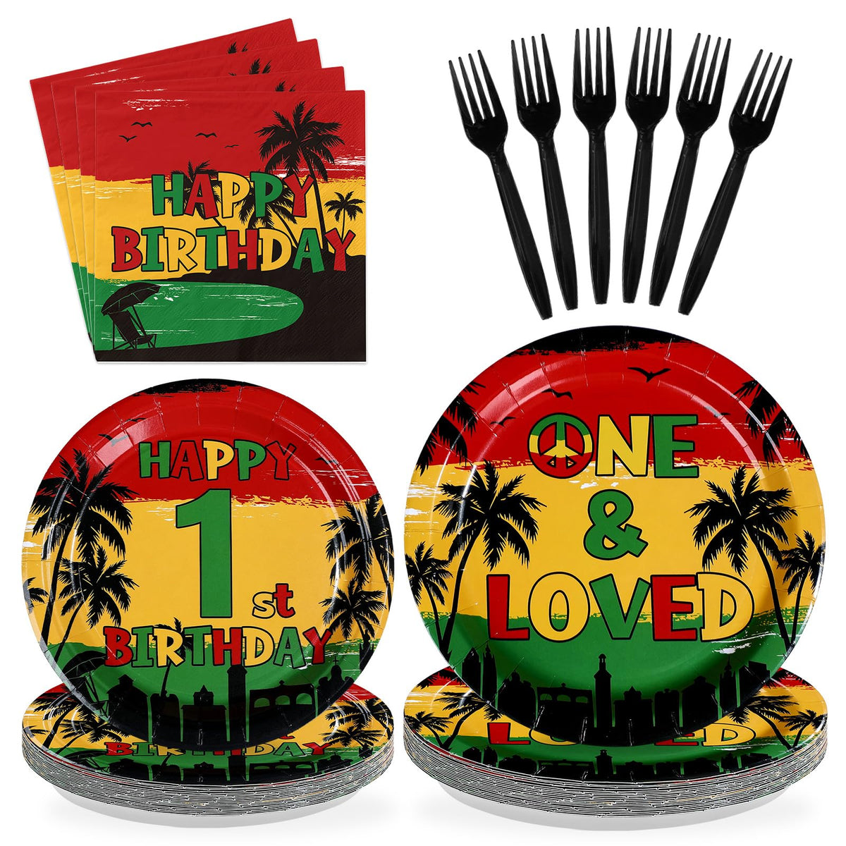 96 Pcs Reggae 1st Birthday Party Plates and Napkins - Grencian