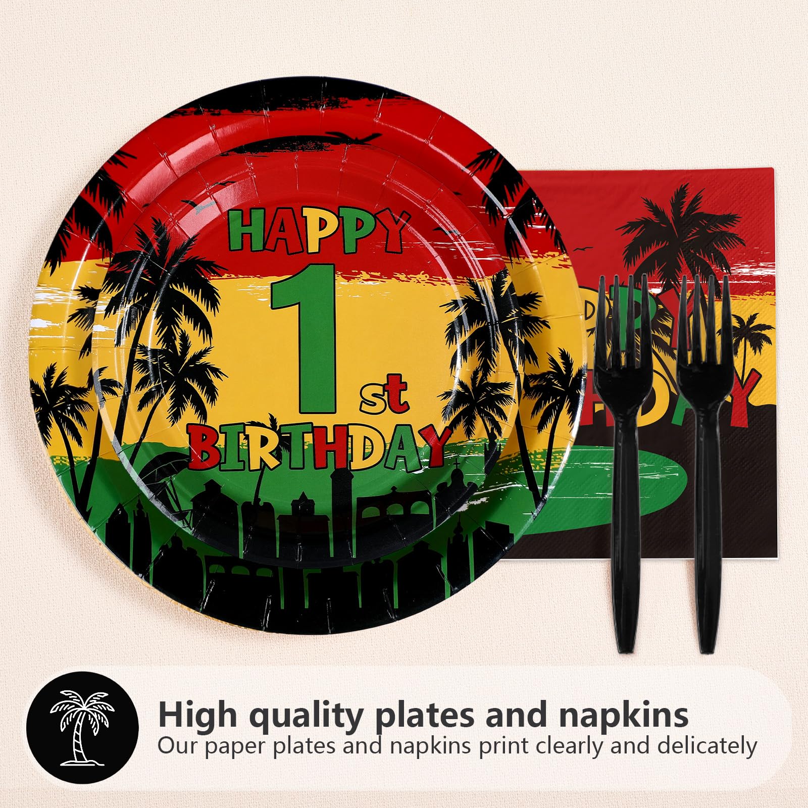 96 Pcs Reggae 1st Birthday Party Plates and Napkins - Grencian