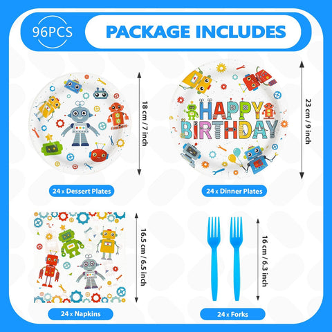 96 Pcs Robot Birthday Party Plates and Napkins - Grencian