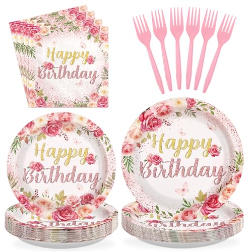 96 Pcs Rose Floral Birthday Party Plates and Napkins - Grencian