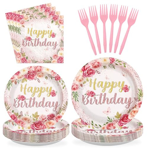 96 Pcs Rose Floral Birthday Party Plates and Napkins - Grencian