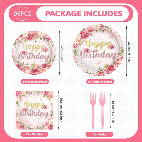 96 Pcs Rose Floral Birthday Party Plates and Napkins - Grencian