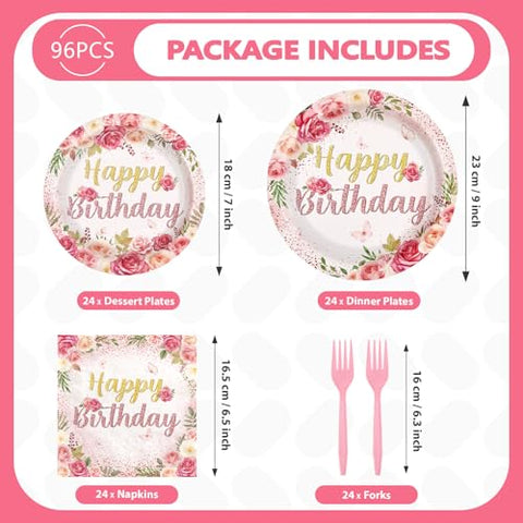 96 Pcs Rose Floral Birthday Party Plates and Napkins - Grencian