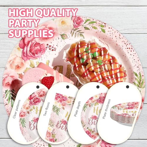 96 Pcs Rose Floral Birthday Party Plates and Napkins - Grencian