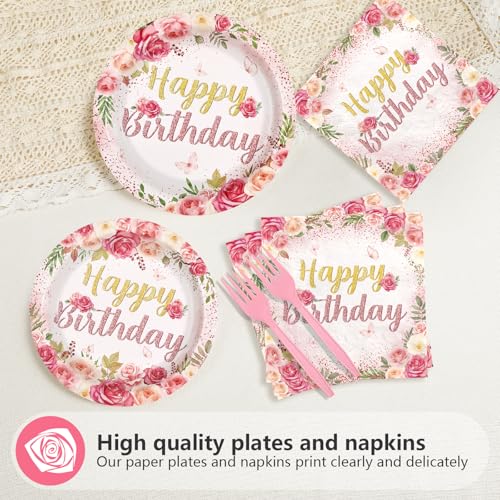 96 Pcs Rose Floral Birthday Party Plates and Napkins - Grencian