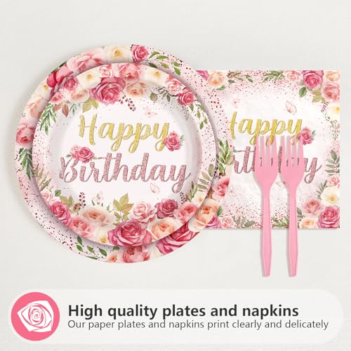 96 Pcs Rose Floral Birthday Party Plates and Napkins - Grencian