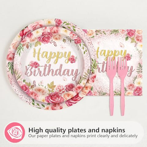 96 Pcs Rose Floral Birthday Party Plates and Napkins - Grencian
