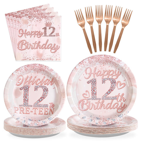 96 Pcs Rose Gold 12th Birthday Party Plates and Napkins - Grencian