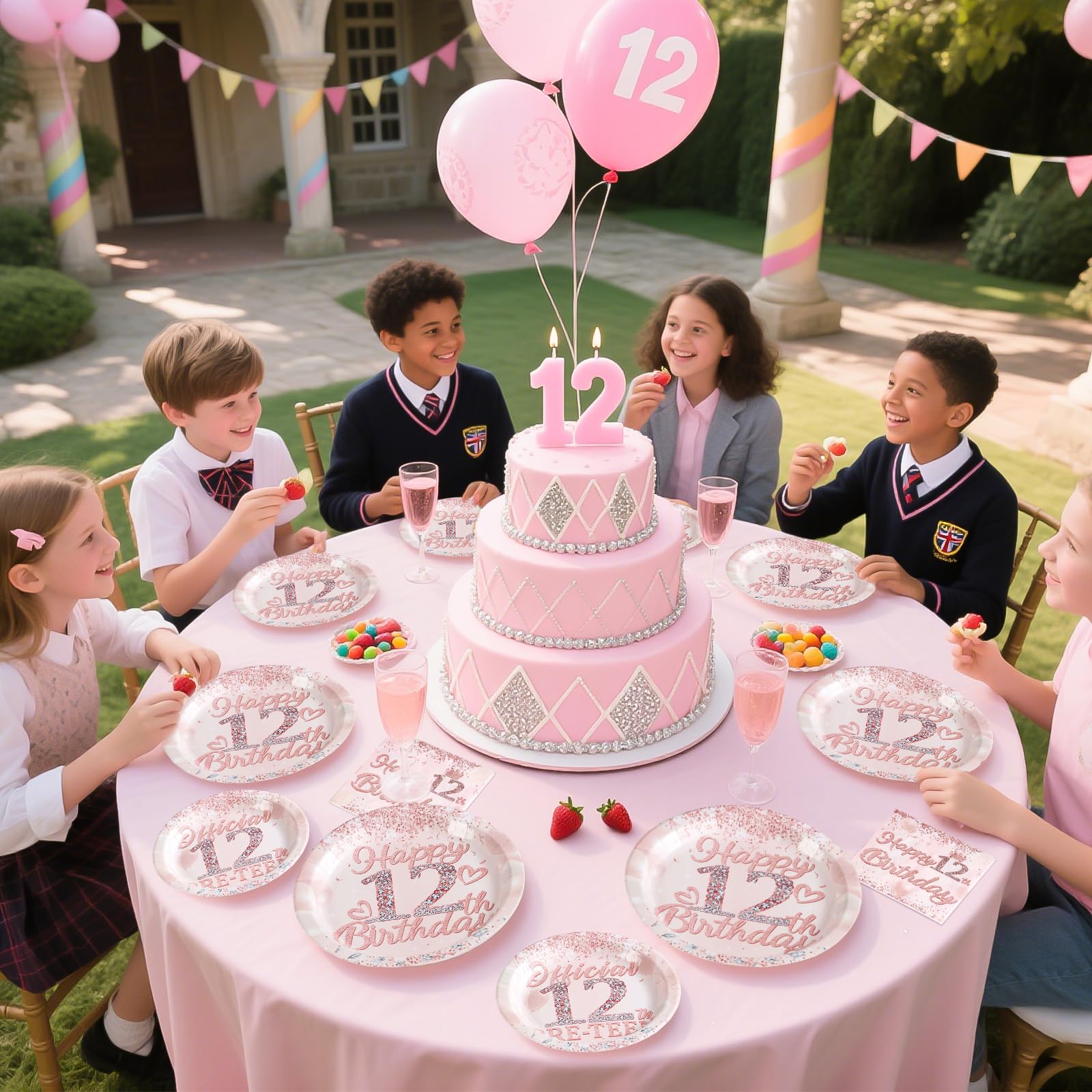 96 Pcs Rose Gold 12th Birthday Party Plates and Napkins - Grencian