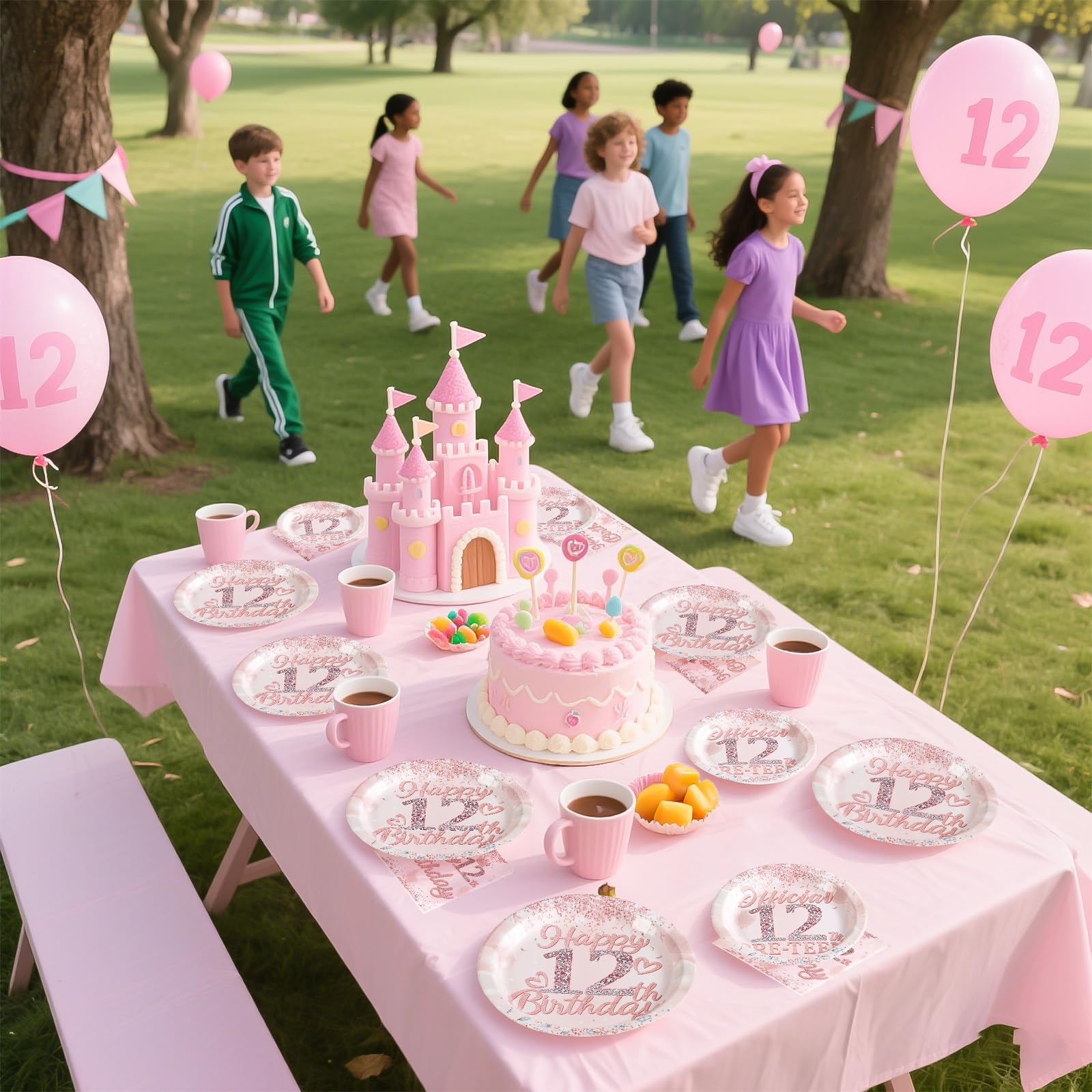96 Pcs Rose Gold 12th Birthday Party Plates and Napkins - Grencian