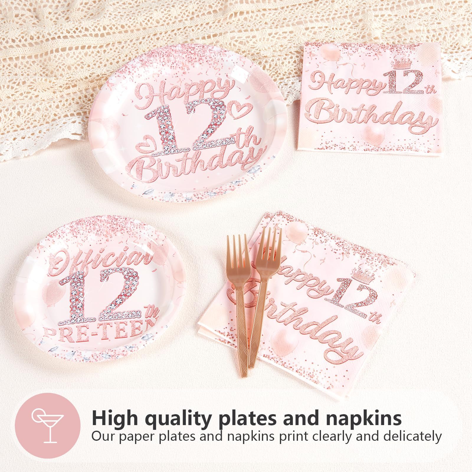 96 Pcs Rose Gold 12th Birthday Party Plates and Napkins - Grencian