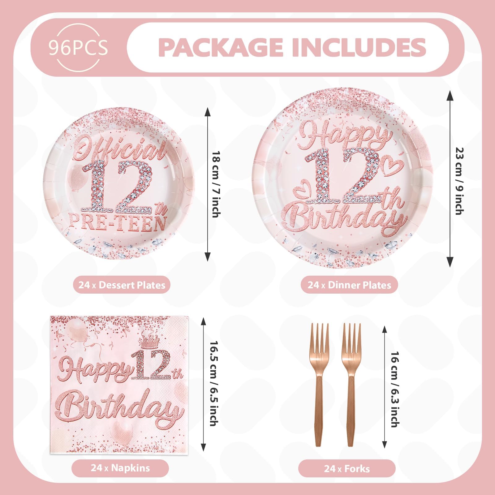 96 Pcs Rose Gold 12th Birthday Party Plates and Napkins - Grencian