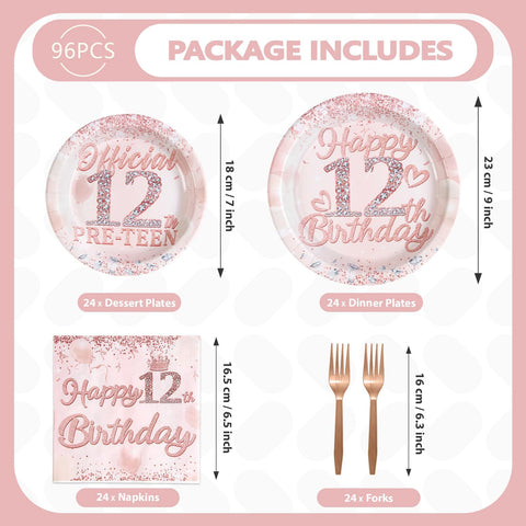 96 Pcs Rose Gold 12th Birthday Party Plates and Napkins - Grencian