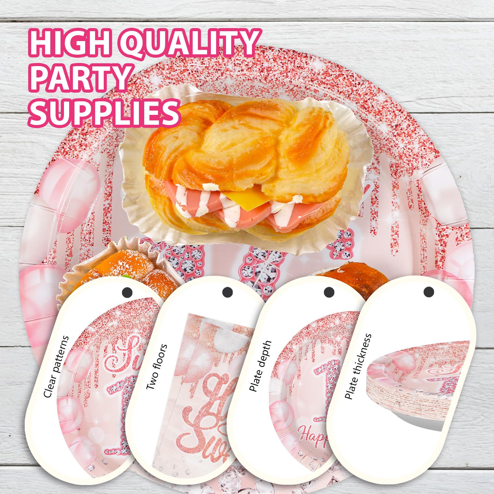 96 Pcs Rose Gold 16th Birthday Party Plates and Napkins - Grencian