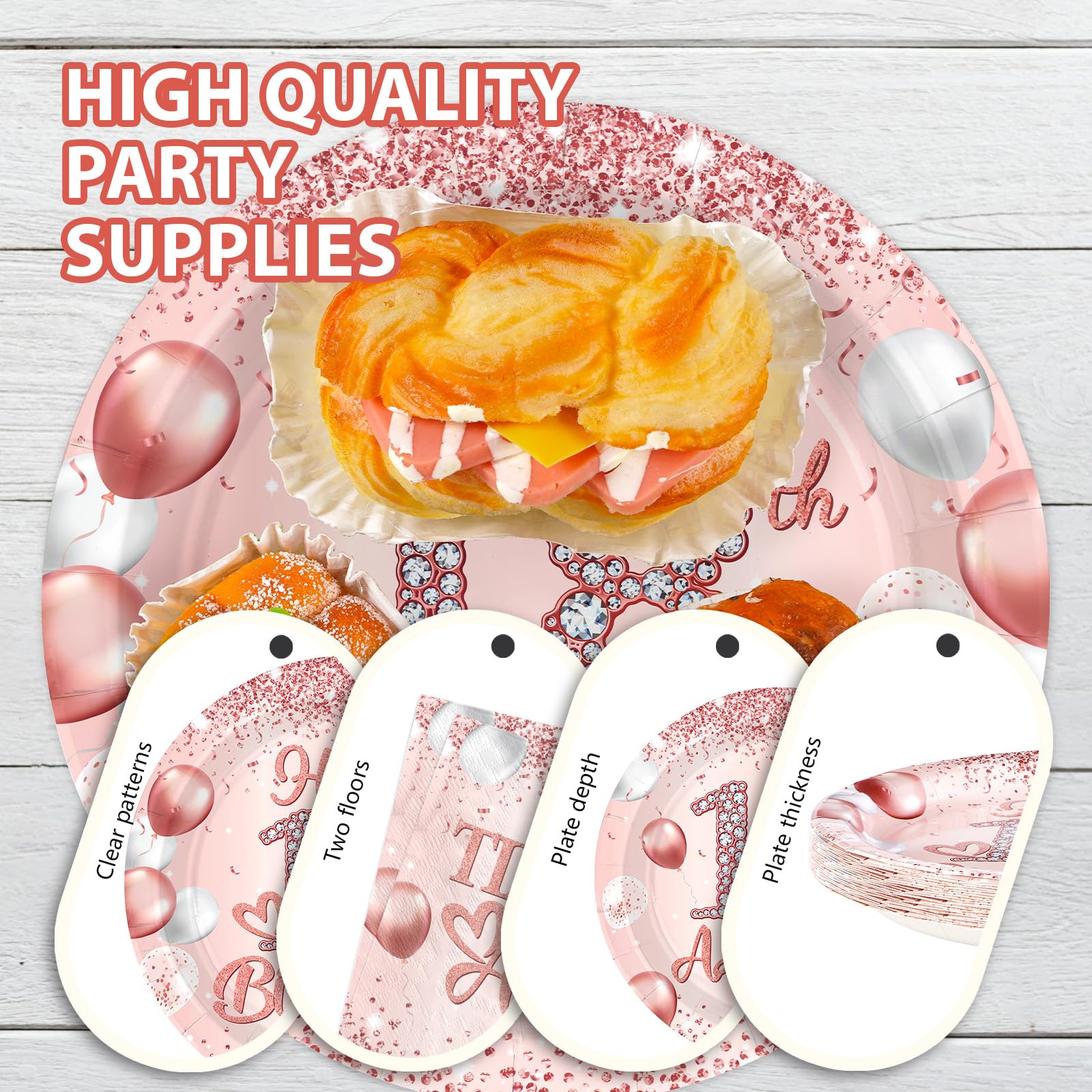 96 Pcs Rose Gold 18th Party Plates and Napkins - Grencian