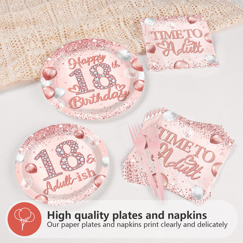 96 Pcs Rose Gold 18th Party Plates and Napkins - Grencian