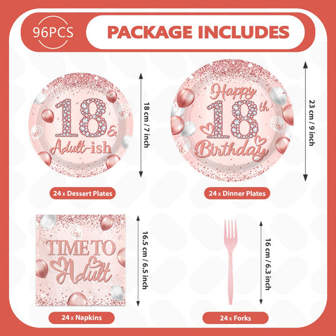 96 Pcs Rose Gold 18th Party Plates and Napkins - Grencian