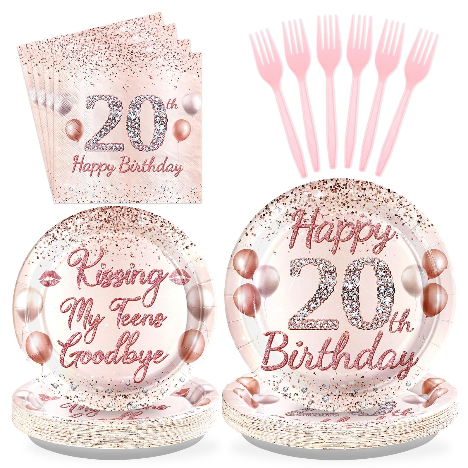 96 Pcs Rose Gold 20th Birthday Party Plates and Napkins - Grencian