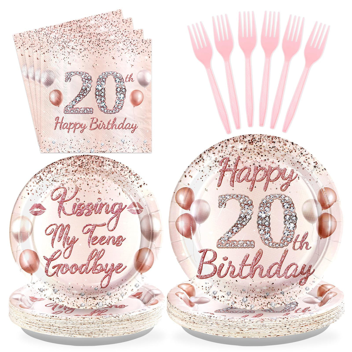 96 Pcs Rose Gold 20th Birthday Party Plates and Napkins - Grencian