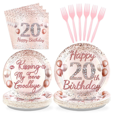 96 Pcs Rose Gold 20th Birthday Party Plates and Napkins - Grencian