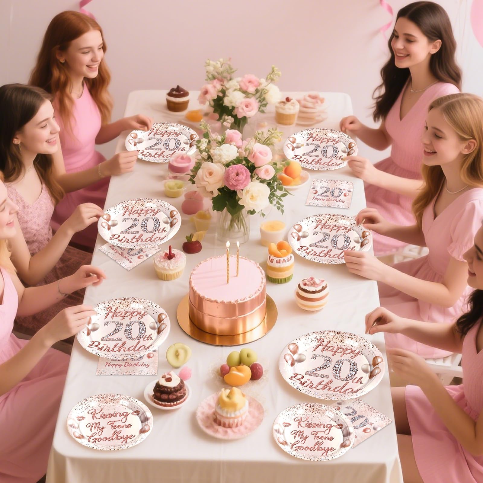 96 Pcs Rose Gold 20th Birthday Party Plates and Napkins - Grencian