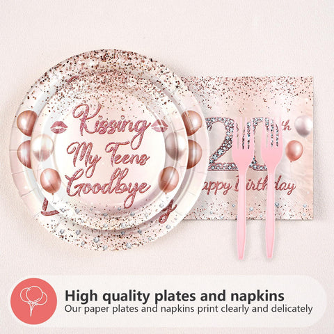 96 Pcs Rose Gold 20th Birthday Party Plates and Napkins - Grencian