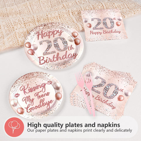 96 Pcs Rose Gold 20th Birthday Party Plates and Napkins - Grencian