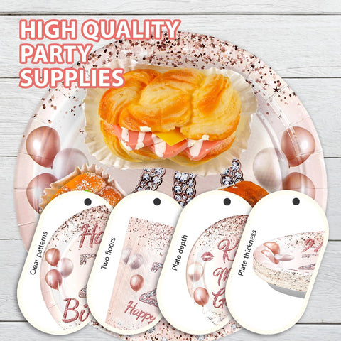96 Pcs Rose Gold 20th Birthday Party Plates and Napkins - Grencian