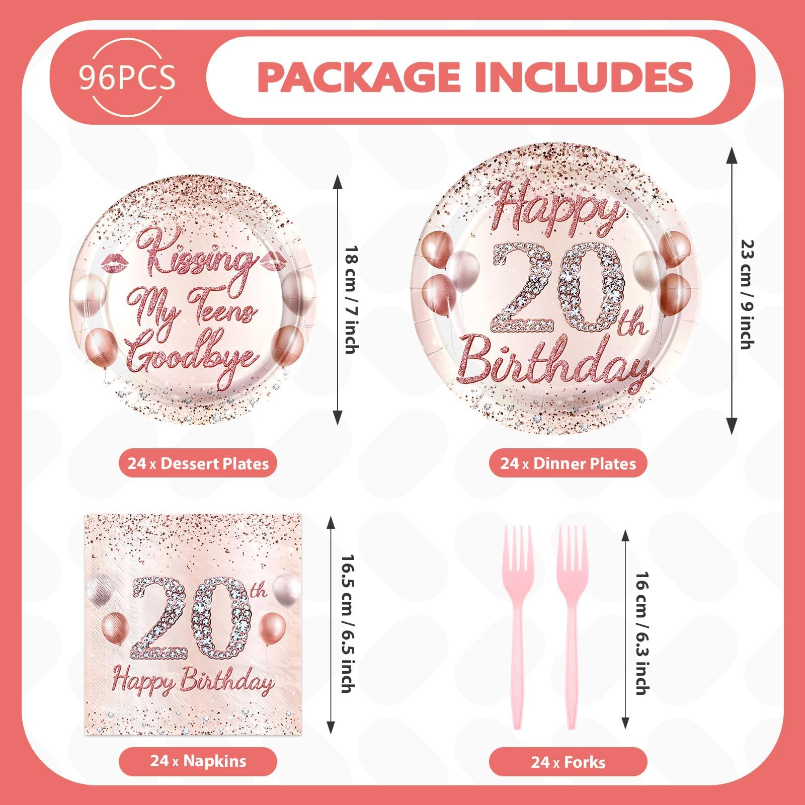 96 Pcs Rose Gold 20th Birthday Party Plates and Napkins - Grencian