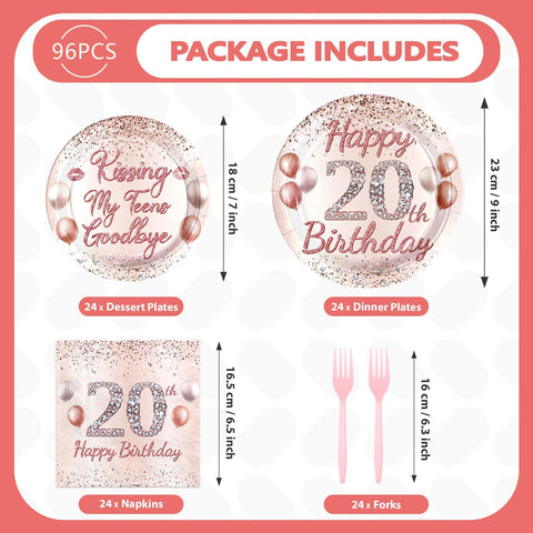 96 Pcs Rose Gold 20th Birthday Party Plates and Napkins - Grencian
