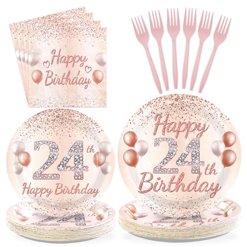 96 Pcs Rose Gold 24th Birthday Party Plates and Napkins - Grencian