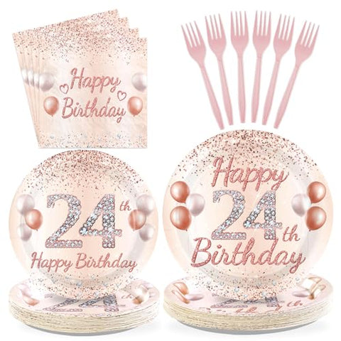 96 Pcs Rose Gold 24th Birthday Party Plates and Napkins - Grencian