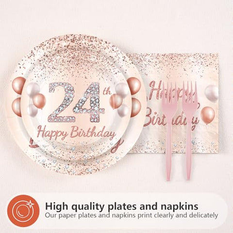 96 Pcs Rose Gold 24th Birthday Party Plates and Napkins - Grencian