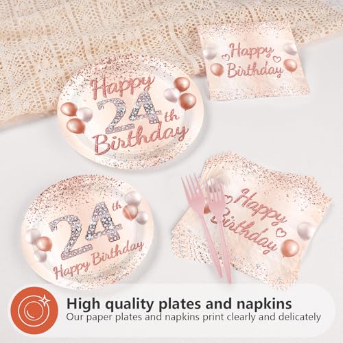96 Pcs Rose Gold 24th Birthday Party Plates and Napkins - Grencian