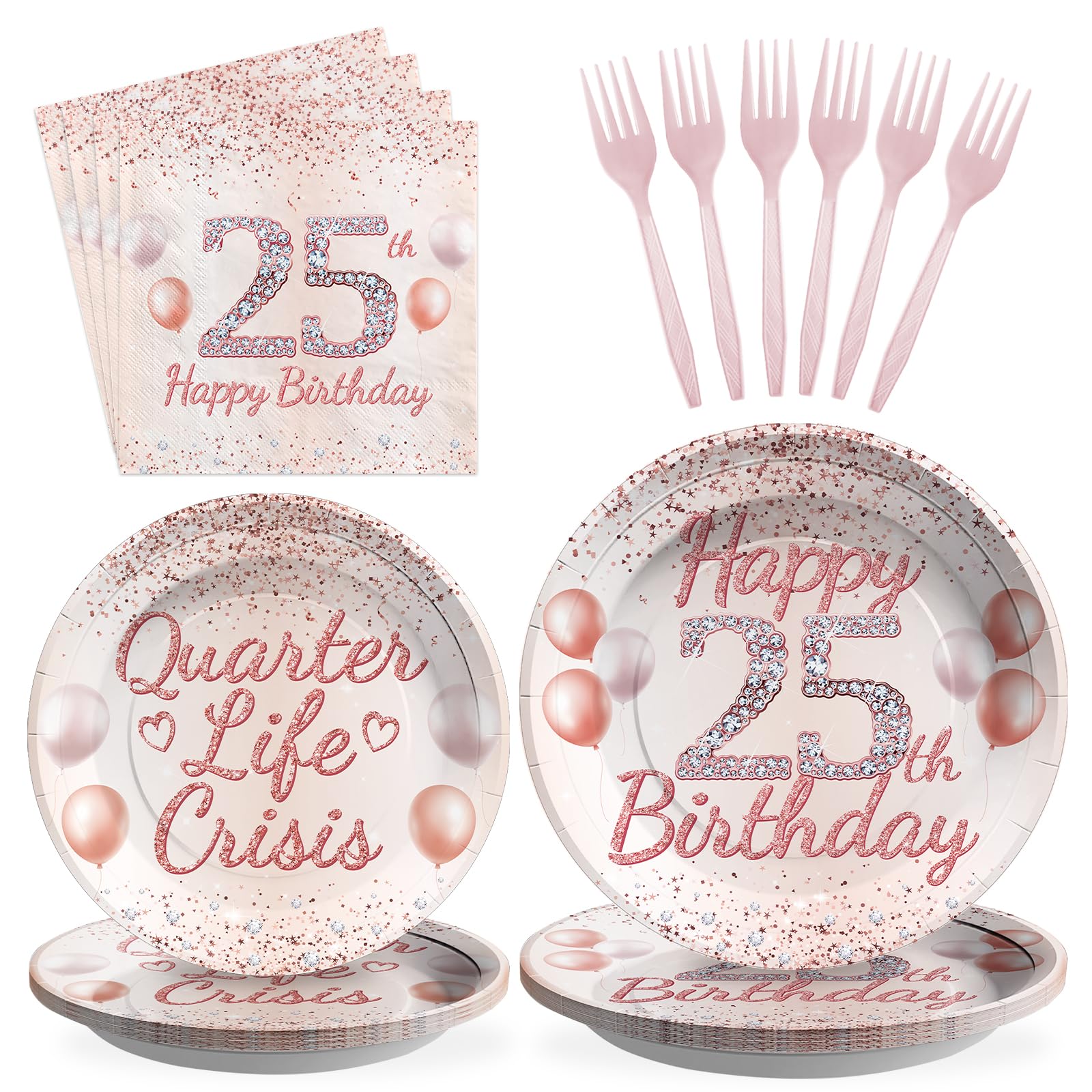 96 Pcs Rose Gold 25th Birthday Party Plates and Napkins - Grencian
