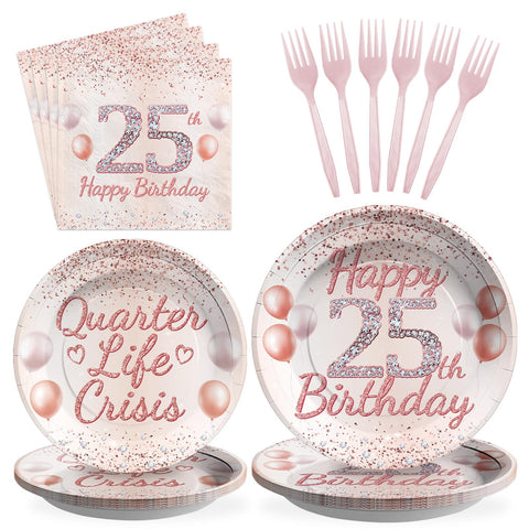 96 Pcs Rose Gold 25th Birthday Party Plates and Napkins - Grencian